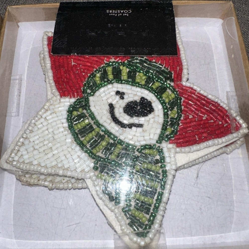 Tahari Snowman Star Beaded Drink Coasters Set of 4 New
